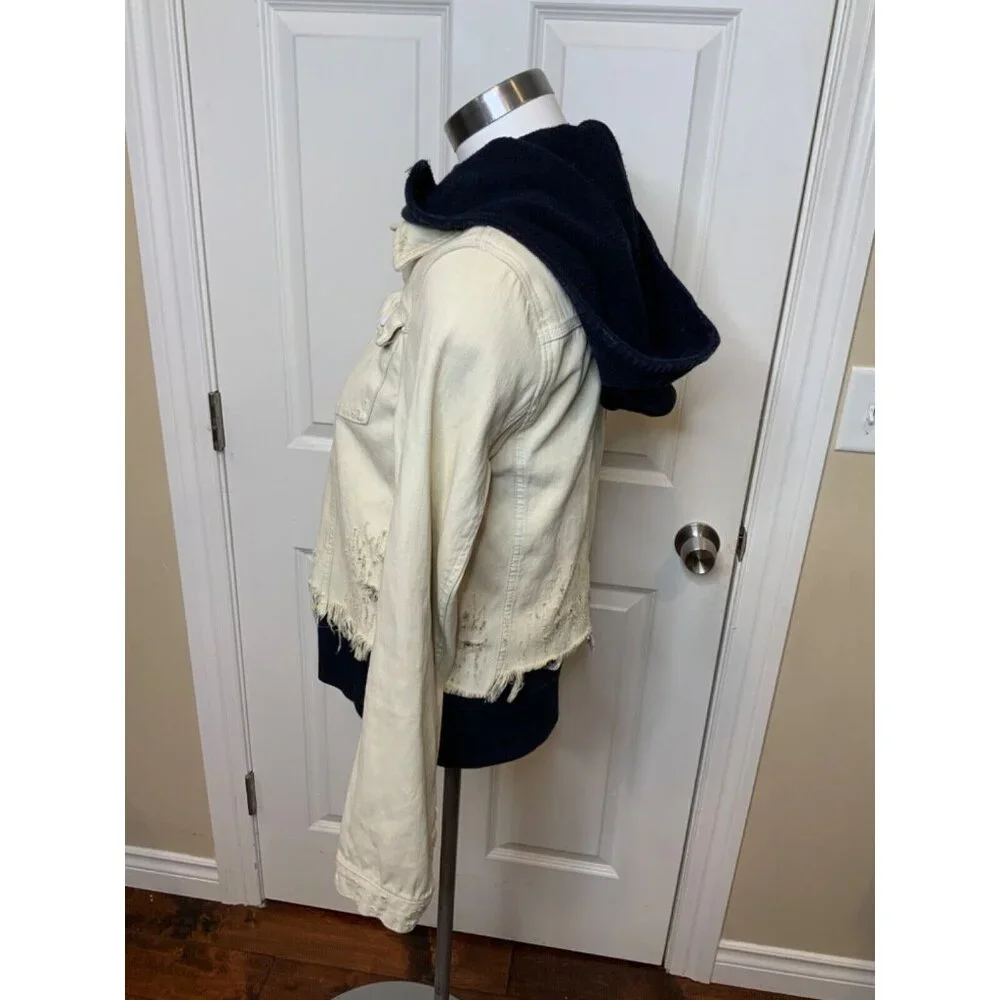 Free People Bleached White Denim Combo Hoodie Jean Jacket, Size Small - Picture 3 of 6